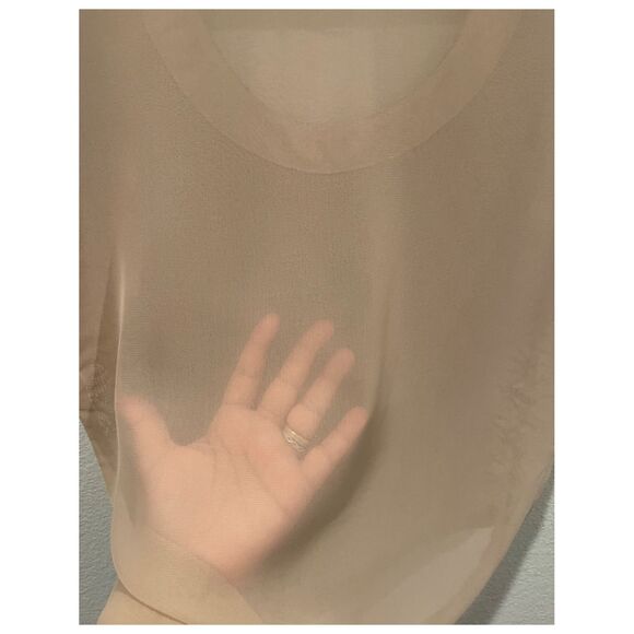 LC LAUREN CONRAD Round Neck Short Sleeve Tan Sheer Blouse - Picture 5 of 5